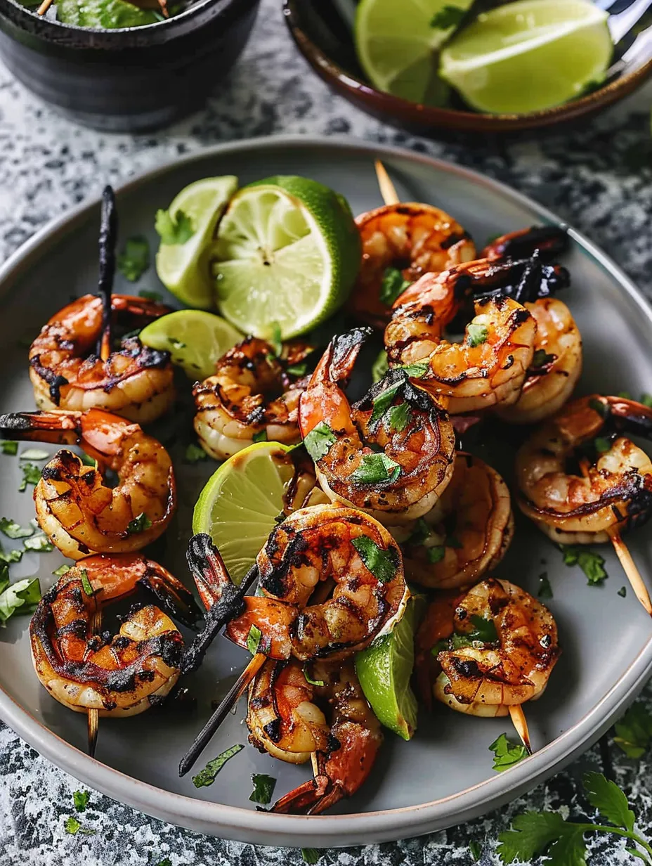 A plate of shrimp skewers with lime wedges.