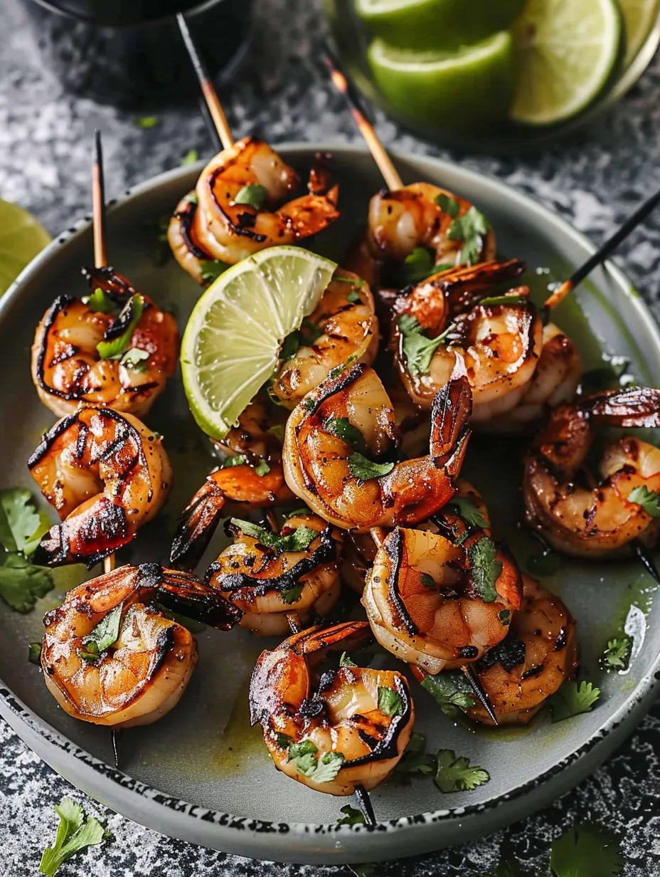 A plate of grilled shrimp skewers with limes.