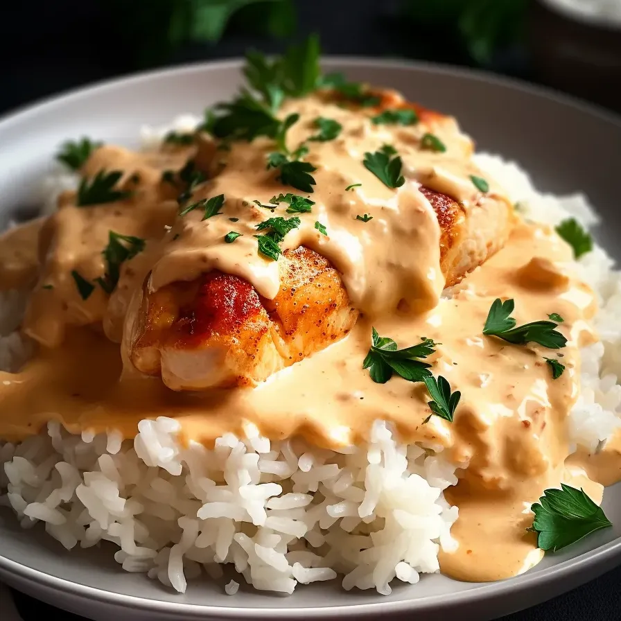 Creamy chicken on rice with sauce.