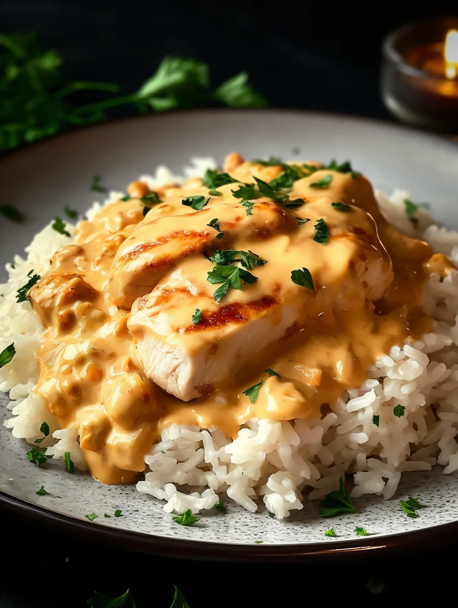 A plate of creamy smothered chicken and rice.