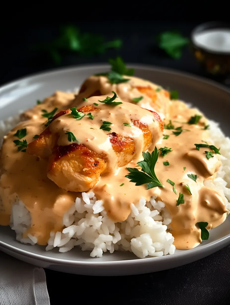 A plate of rice with chicken and cream sauce.