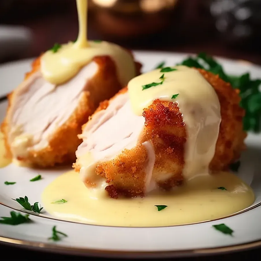 Crispy chicken cordon bleu topped with cheese sauce.