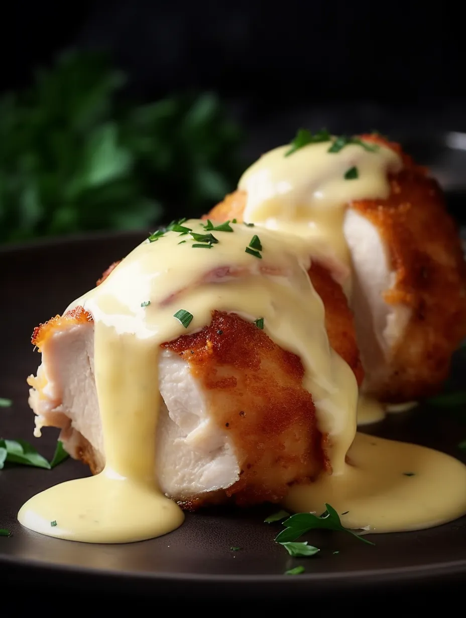 Chicken Cordon Bleu with Cheese Sauce.