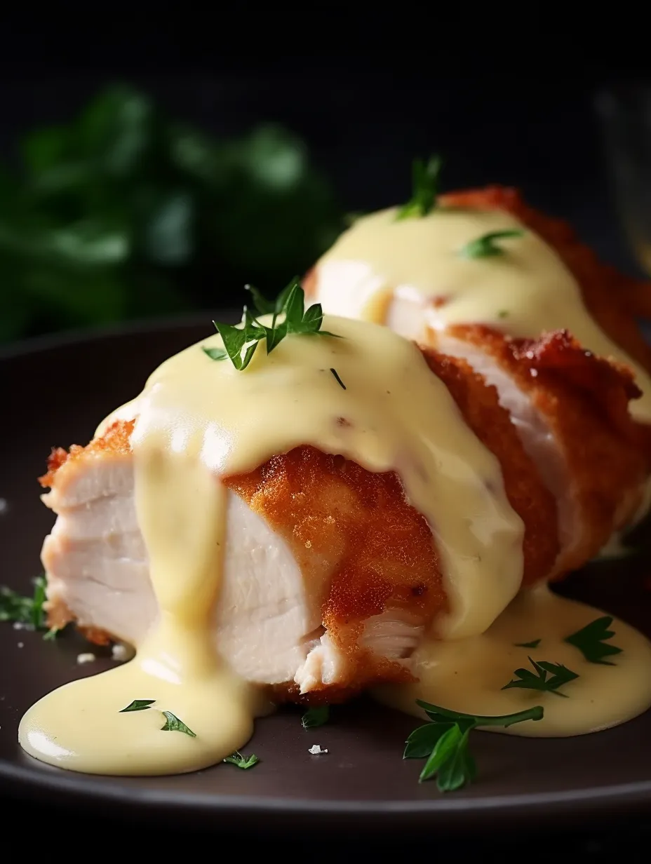 Chicken Cordon Bleu with Swiss Cheese Sauce.