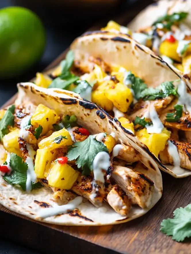 Chipotle pineapple chicken tacos on a wooden table.