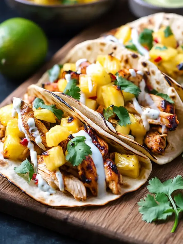 Chipotle pineapple chicken tacos on a wooden board.