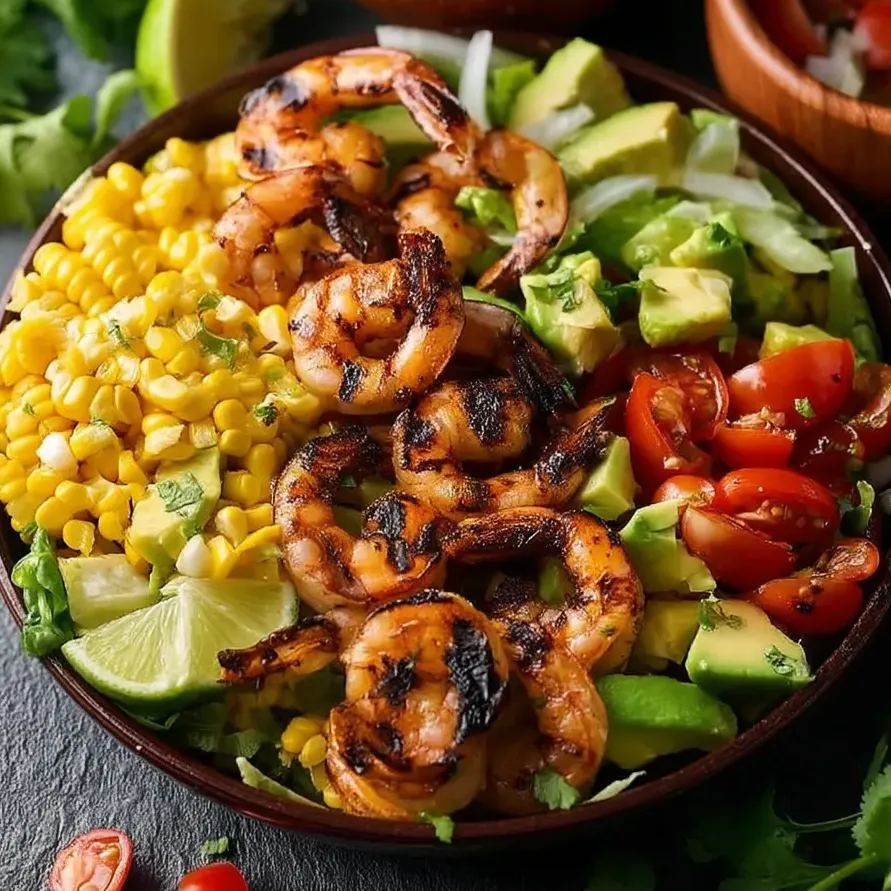 A delicious bowl of Mexican shrimp, grilled corn, and avocado on greens.