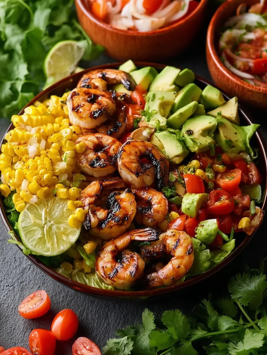 A bowl of grilled Mexican shrimp, corn, and avocado.