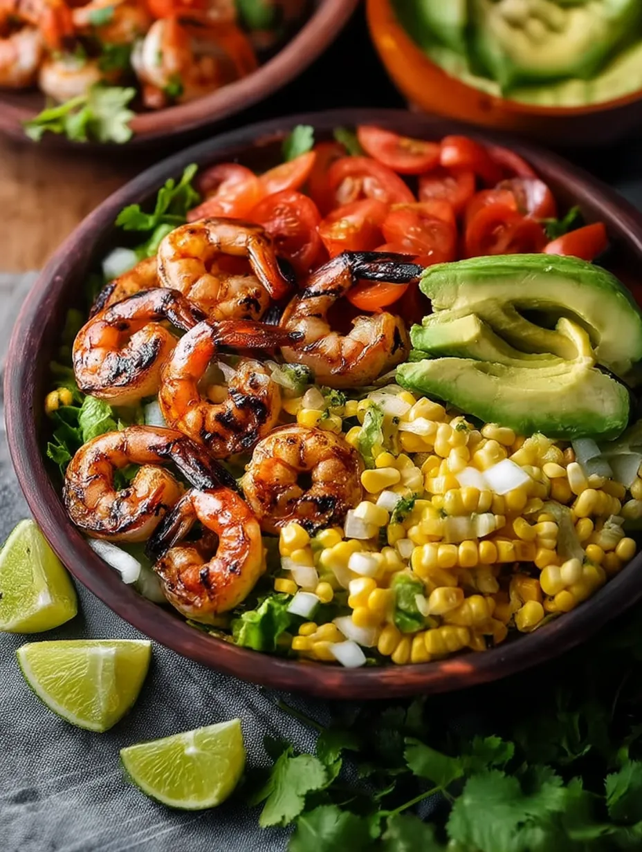 A bowl of grilled Mexican shrimp, corn, and avocado salad.