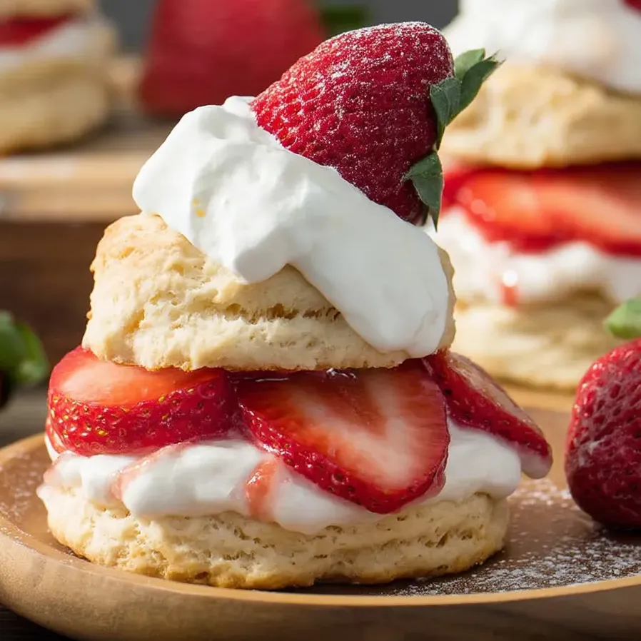 Layered strawberry shortcake with whipped cream.