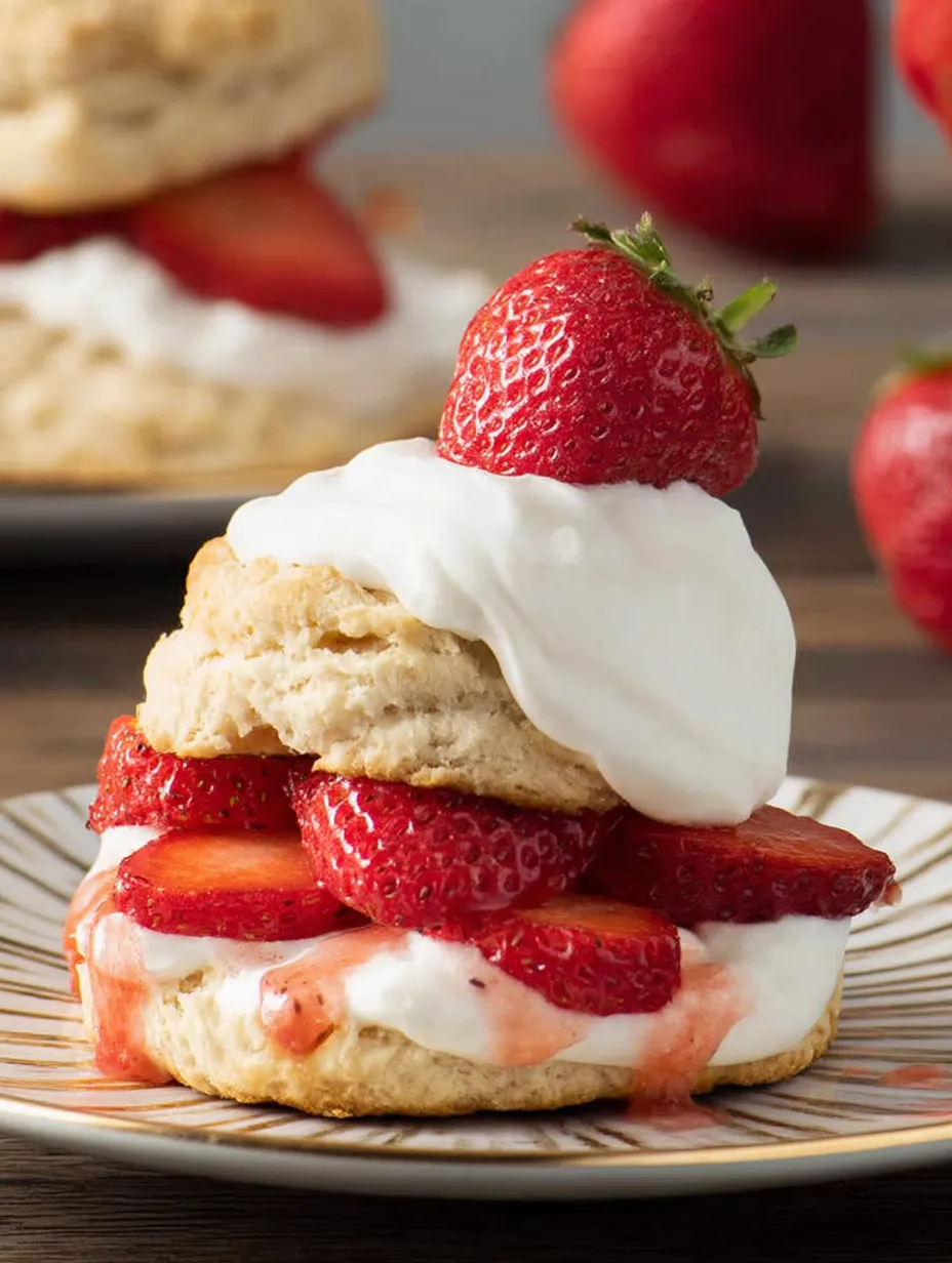 A stack of strawberry shortcake with whipped cream.