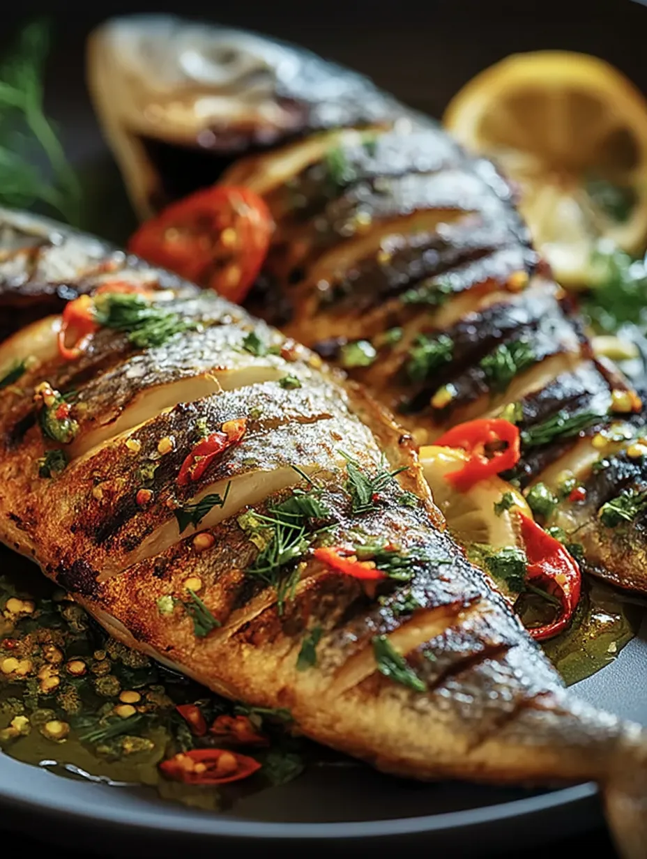 Grilled fish with tomatoes and peppers.