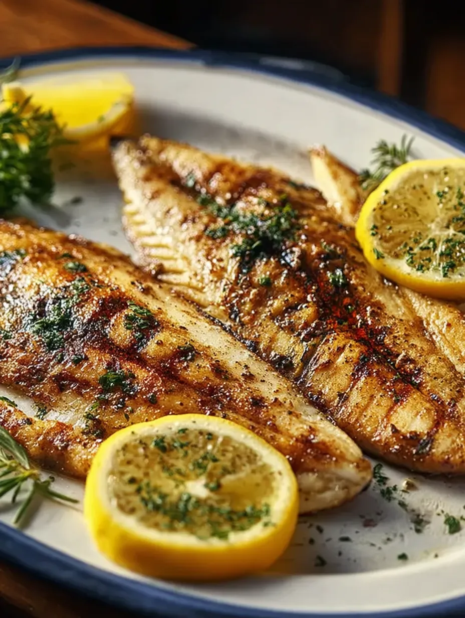 A plate of grilled fish with lemon.