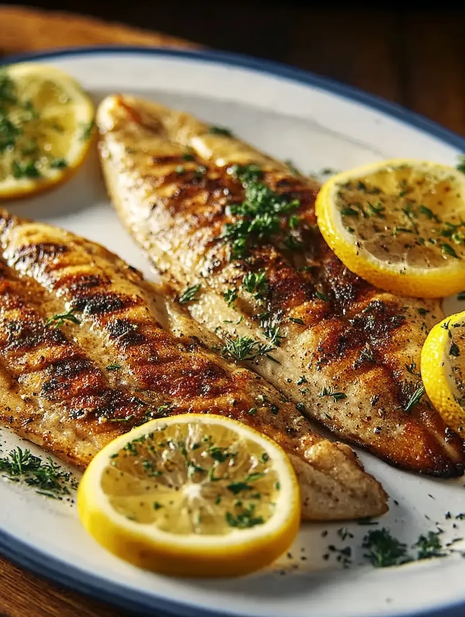 A plate of grilled fish with lemon and herbs.