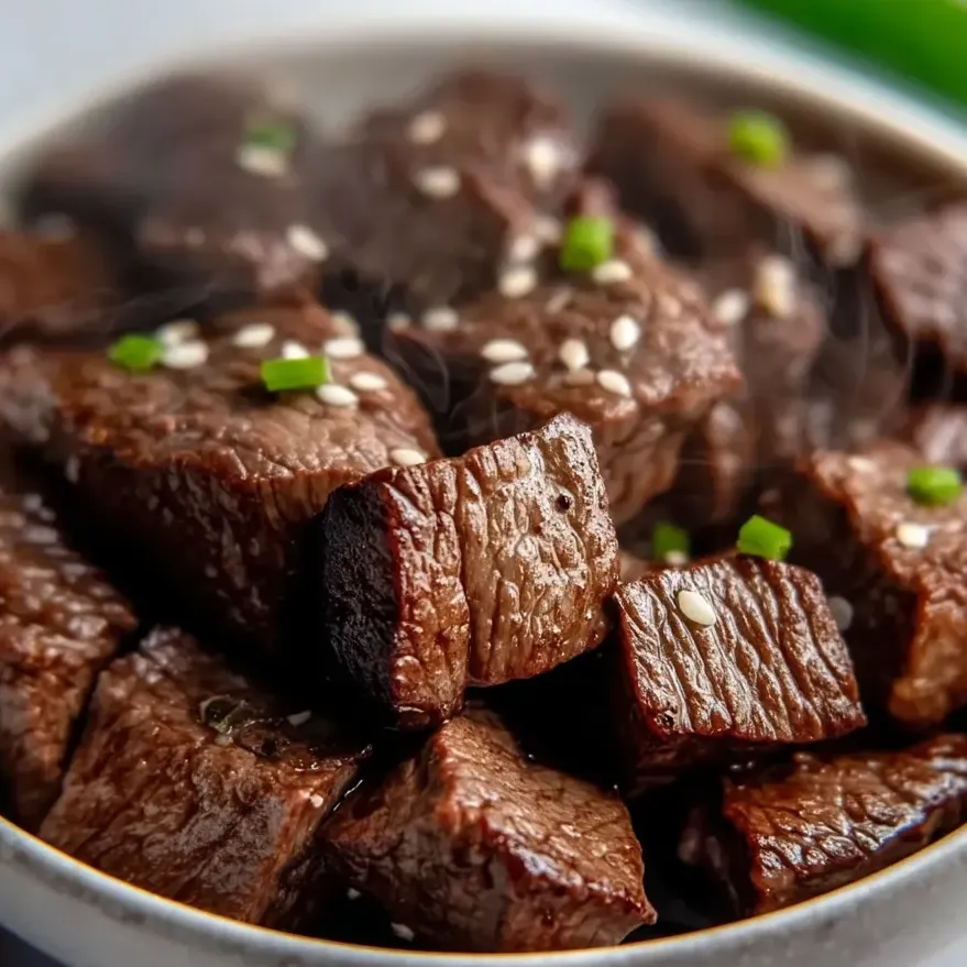A plate piled with tender steak and vegetables.
