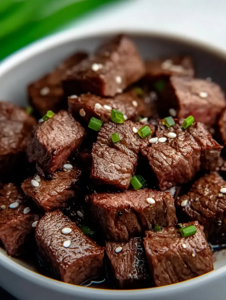 A bowl of beef with green onions.