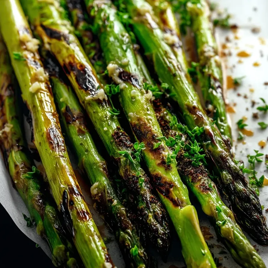 Freshly grilled asparagus with garlic butter drizzle.