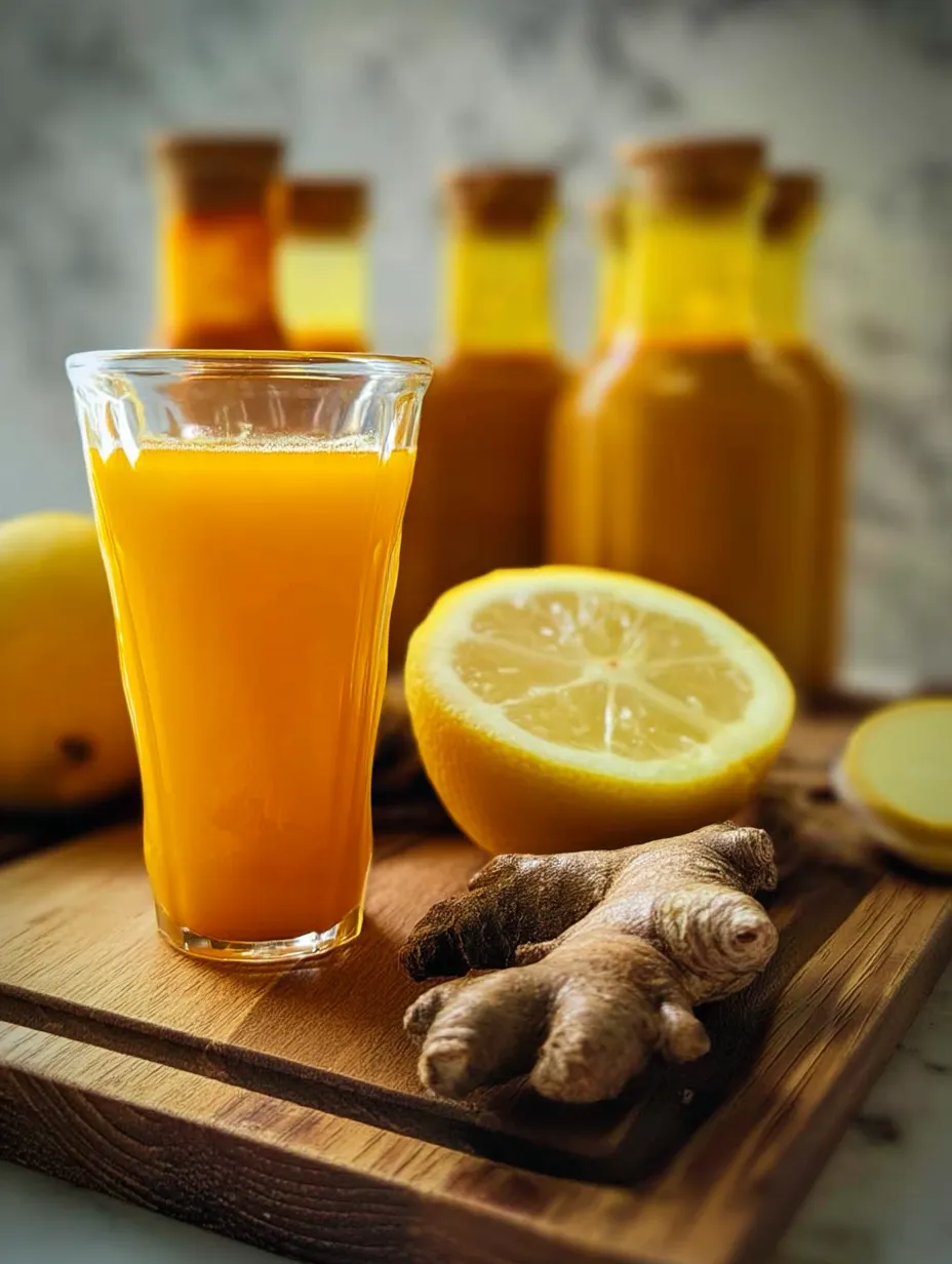 A glass of orange juice with a lemon wedge and a bottle of ginger turmeric shots.