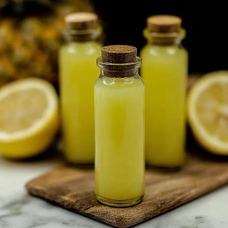 Bottles filled with golden pineapple-ginger coconut drinks on a table.