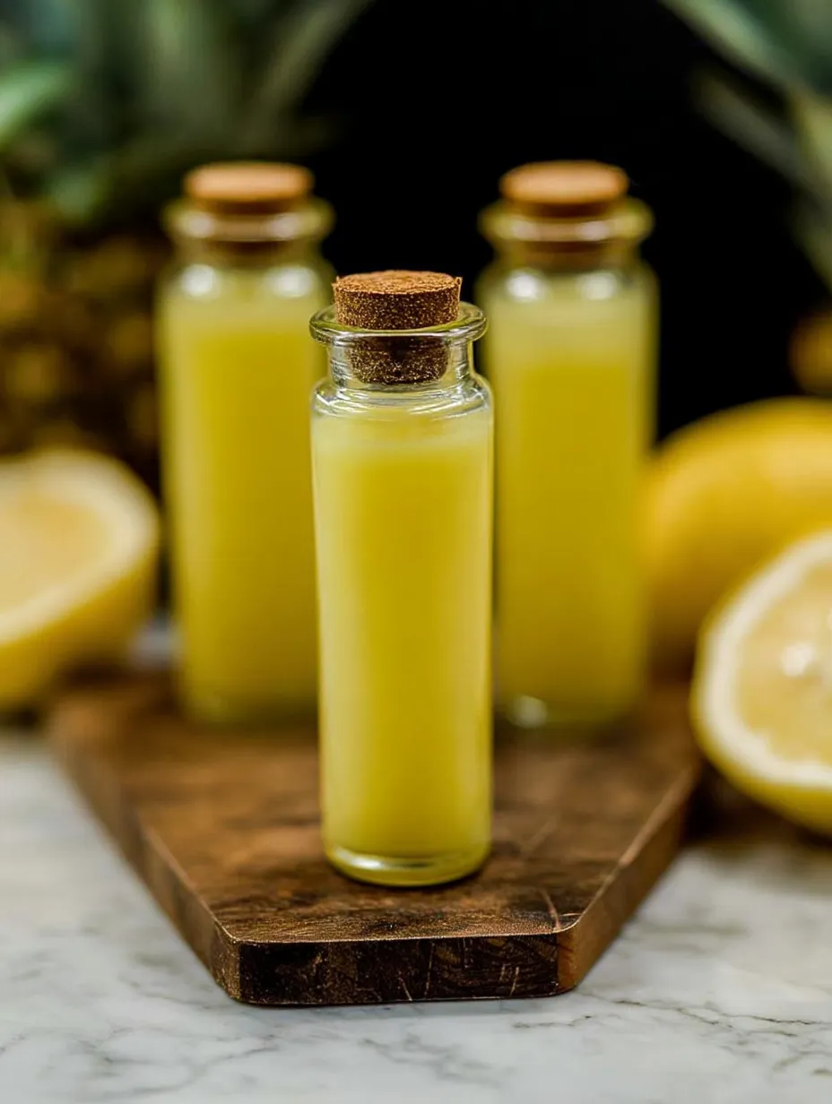 Three bottles of freshly made pineapple coconut lemon ginger juice shots.