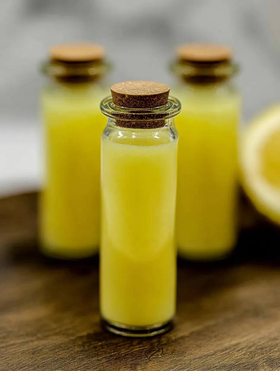Three bottles filled with homemade pineapple coconut lemon ginger wellness shots.