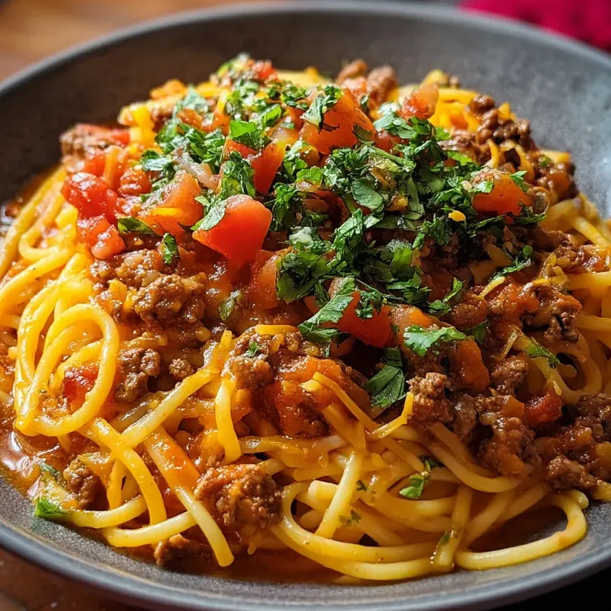 A plate of pasta topped with meaty taco flavors and tomatoes.