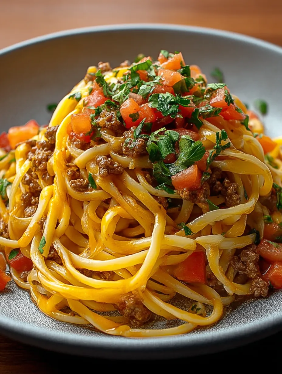 A plate of spaghetti with meat and tomatoes.