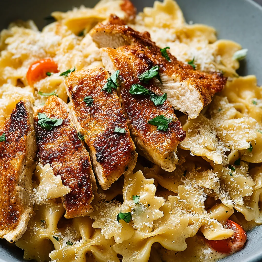 A warm bowl of chicken-topped pasta with cheese.