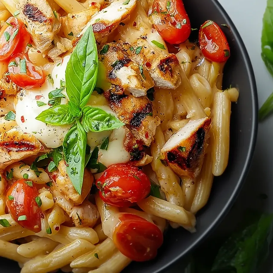 A delicious plate of creamy chicken pasta.