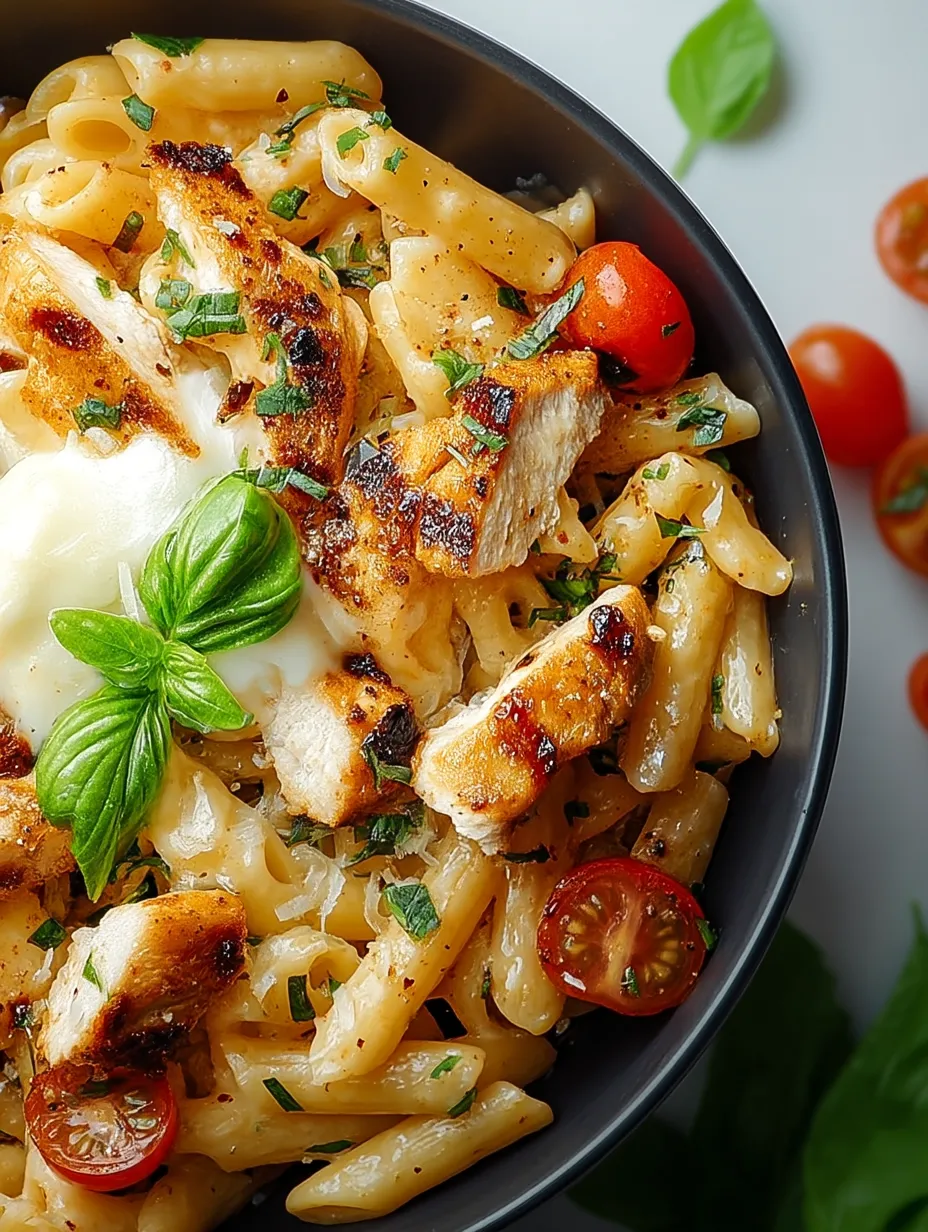 A bowl of chicken, mozzarella, and pasta recipe.