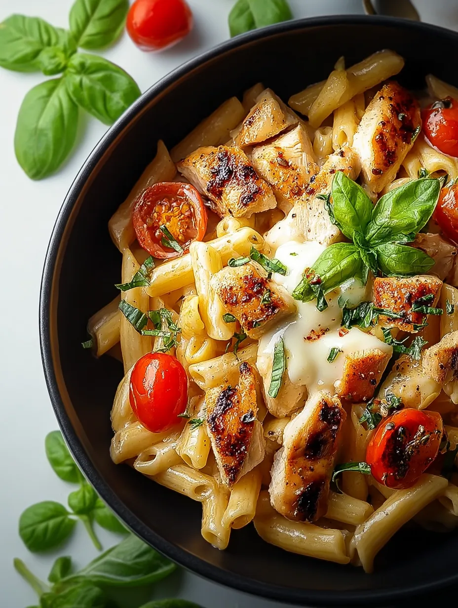 A bowl of chicken, mozzarella, and pasta.