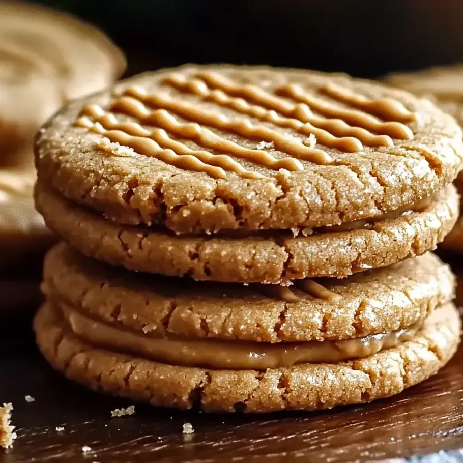 Stack of soft peanut butter cookies with creamy filling on a table.