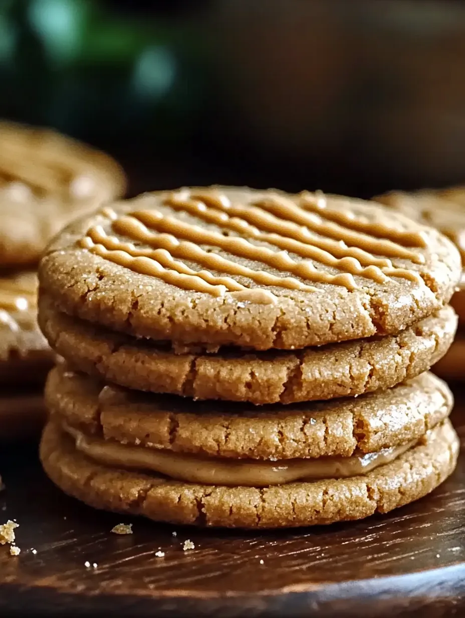 Peanut butter sandwich cookies stacked on a table.