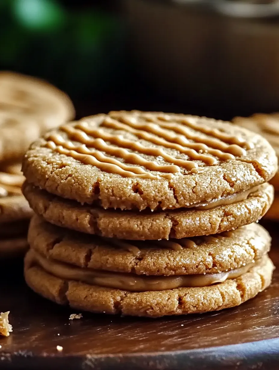 A stack of peanut butter sandwich cookies.
