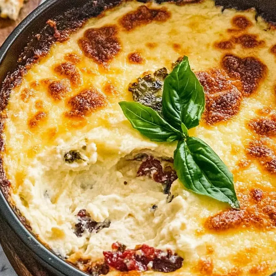 Close-up of a cheesy Tuscan dip next to vegetables.
