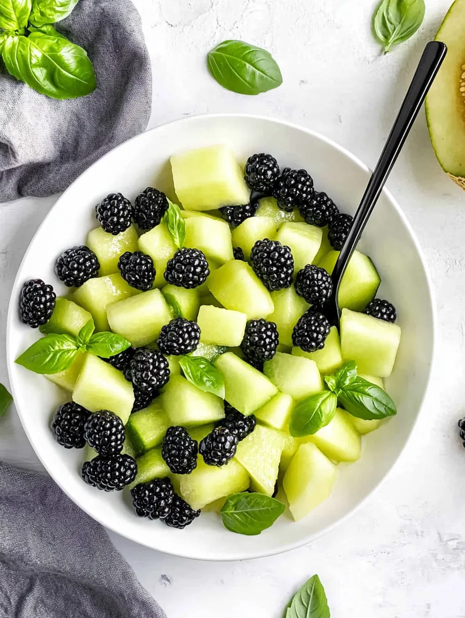 A bowl of blackberry honeydew basil salad recipe.