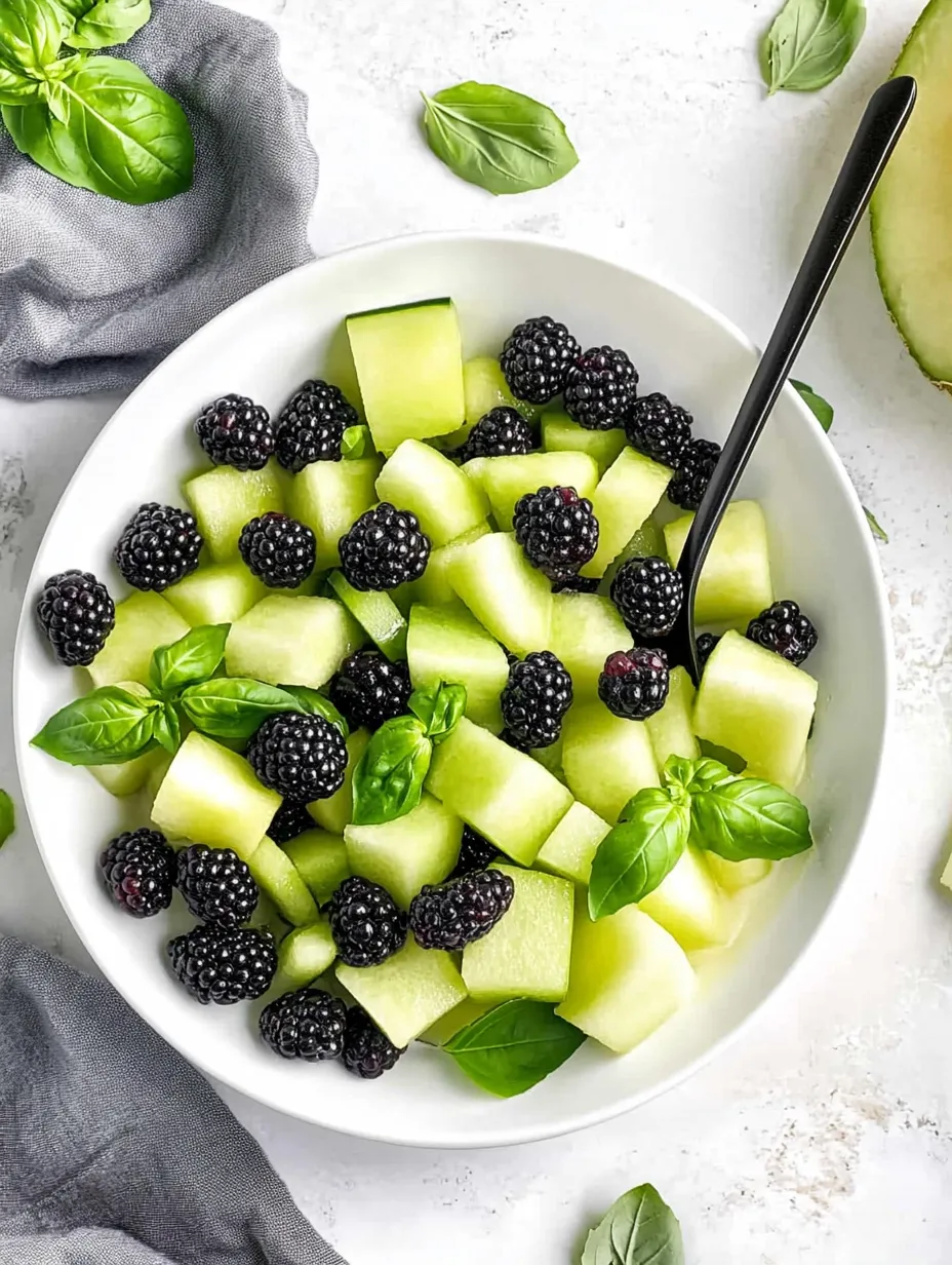 A bowl of blackberry honeydew basil salad.