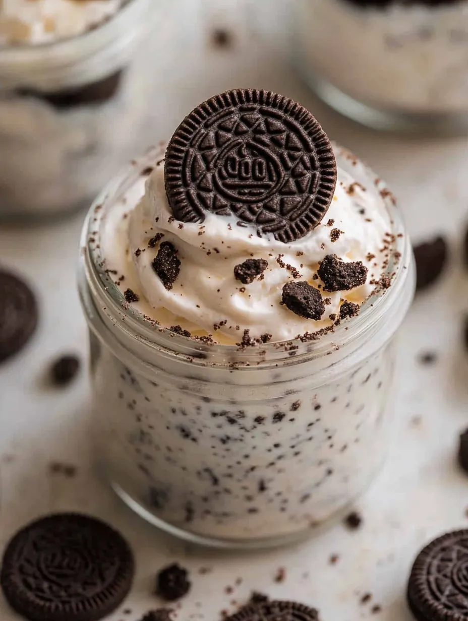 A cup of Oreo No-Bake Cheesecake recipe.
