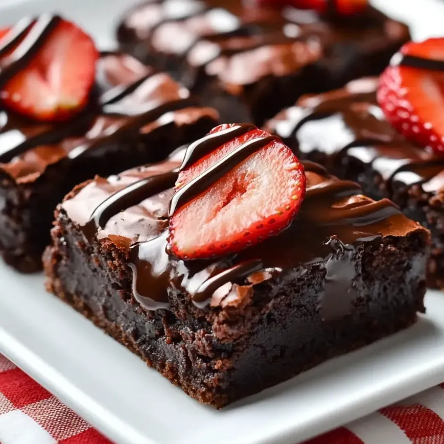A plate of chocolate and berry-topped squares.