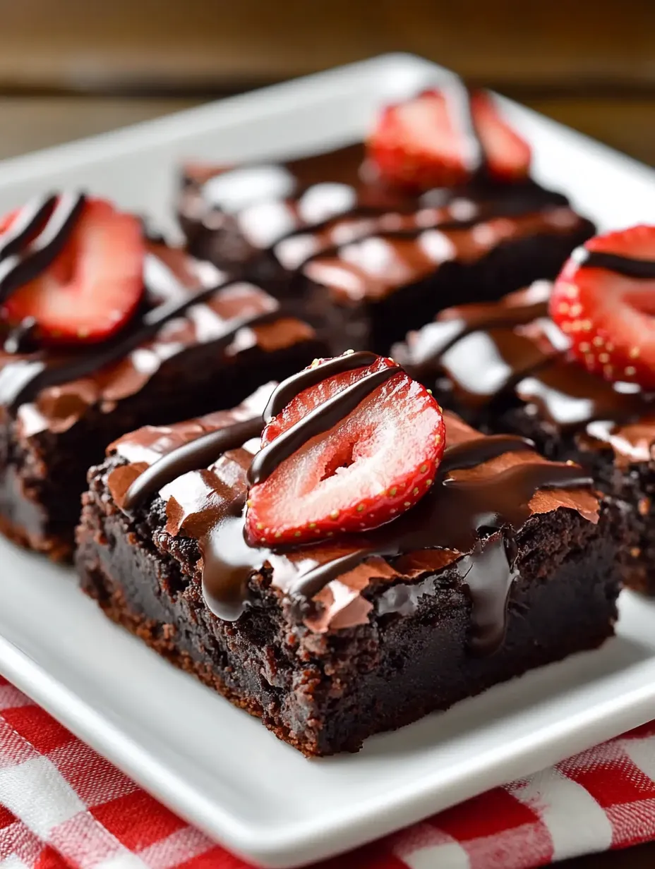 A plate of chocolate covered strawberry brownies.