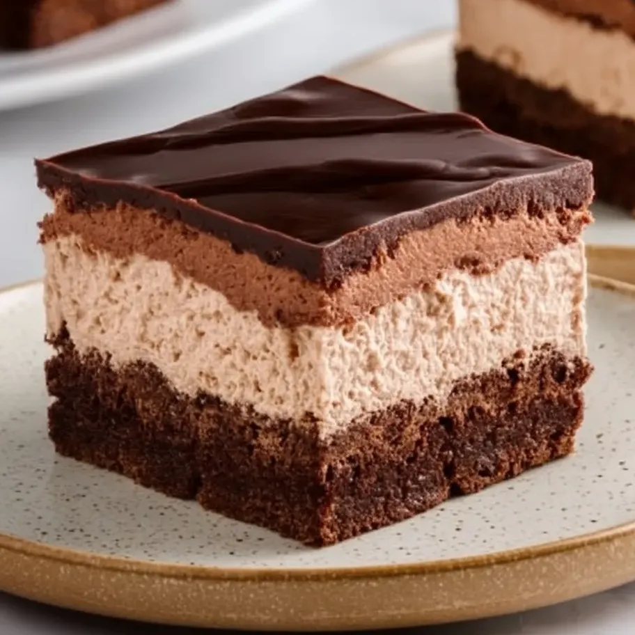 A slice showing layered chocolate mousse brownies.