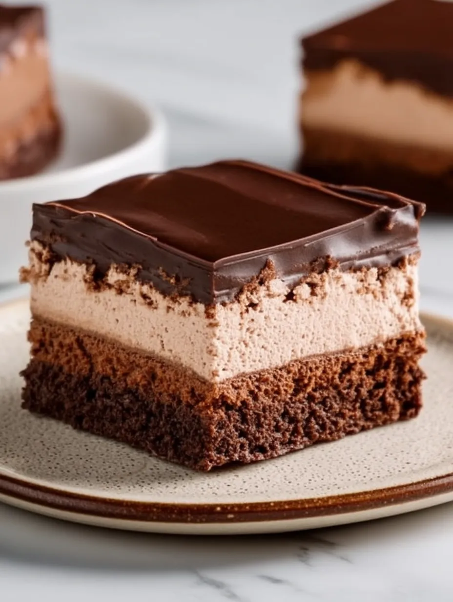 A slice of chocolate mousse brownies.