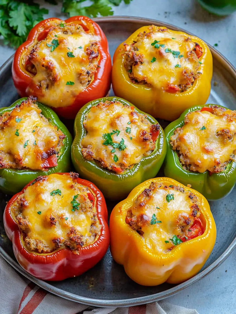 Four stuffed bell peppers on a plate.