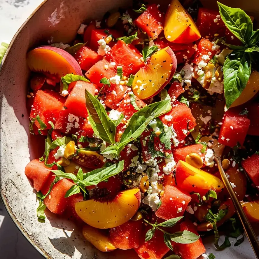 A vibrant mix of peach and watermelon chunks in a bowl.