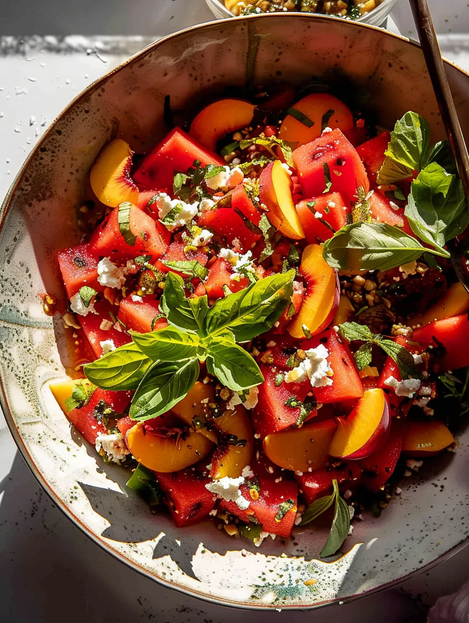 A bowl of watermelon peach salad.