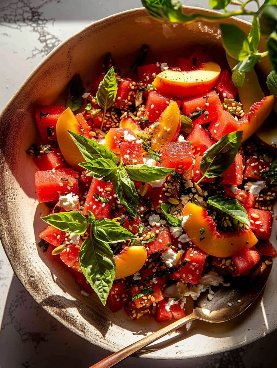 A bowl of watermelon, peaches, and mint.