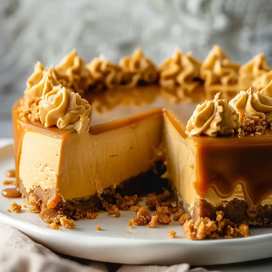 A slice of creamy butterscotch cheesecake.