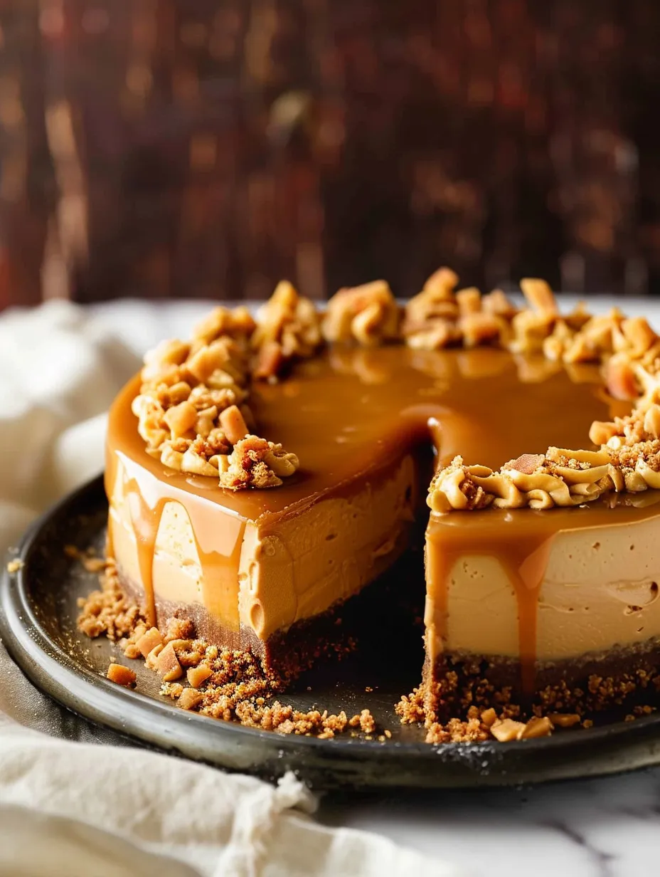 A slice of loaded butterscotch cheesecake.