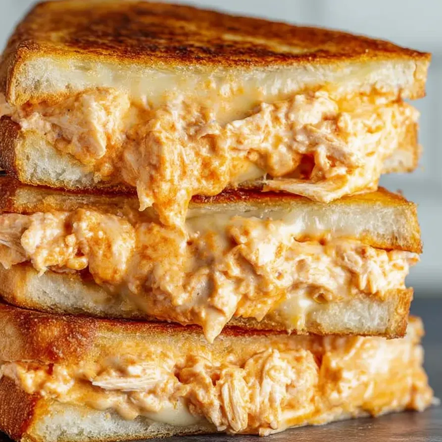 Three golden grilled cheese sandwiches with buffalo chicken filling.