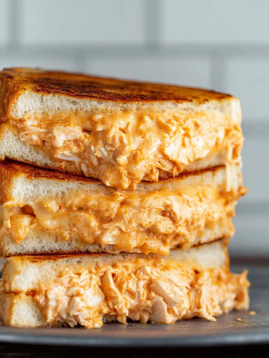 Three pieces of grilled cheese with buffalo chicken.